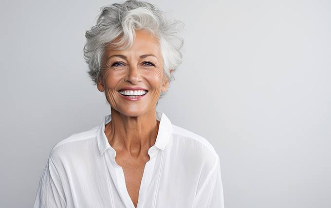 Senior woman in white shirt smiling